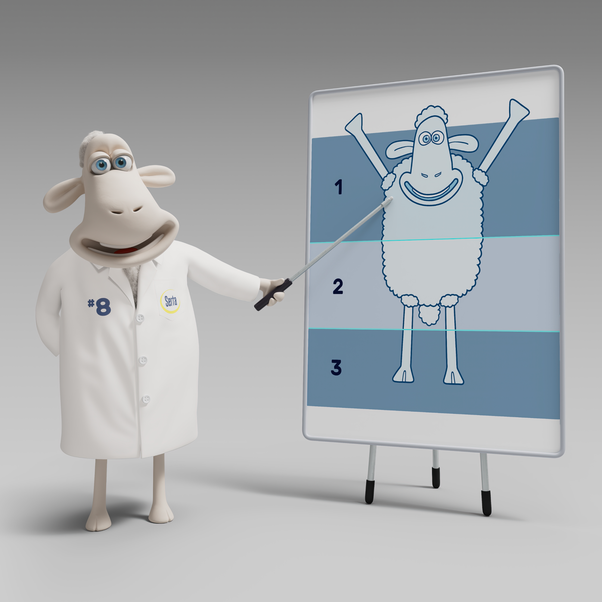 Cartoon sheep presenting on whiteboard