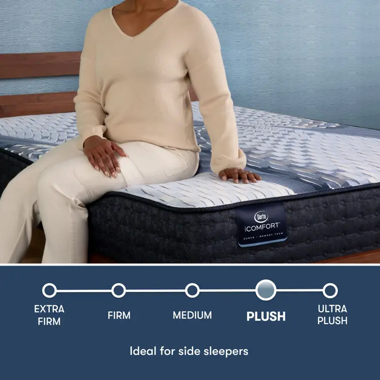 Woman sitting on the side of an iComfort Aveda Plush Mattress || feel: plush || level: Standard - 12"