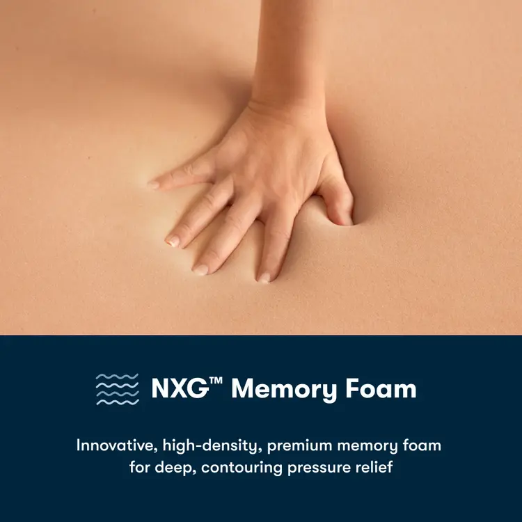 Hand pressing into NXG Memory Foam on a beige background with product description text.