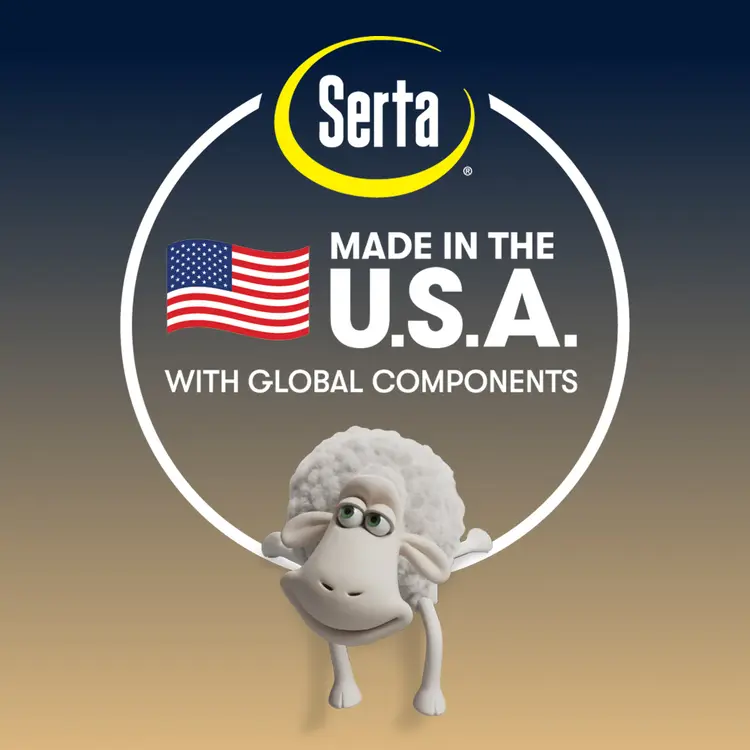 Serta logo with a sheep character and 'Made in the U.S.A.' text on a gradient background