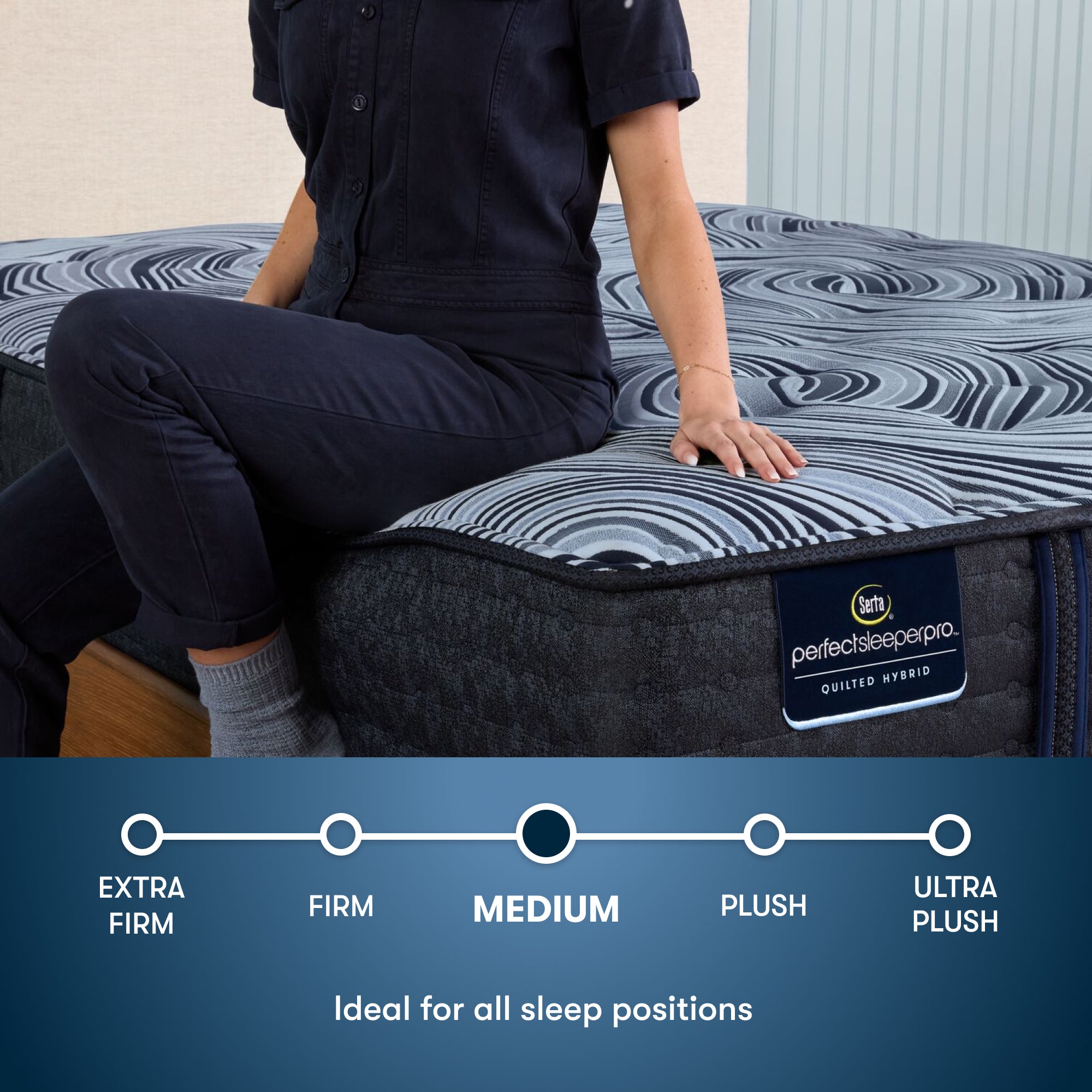 Perfect Sleeper Pro New Paris Medium Mattress comfort scale with a woman pictured sitting on left side of the bed || Level: Level 3 || Feel: Medium