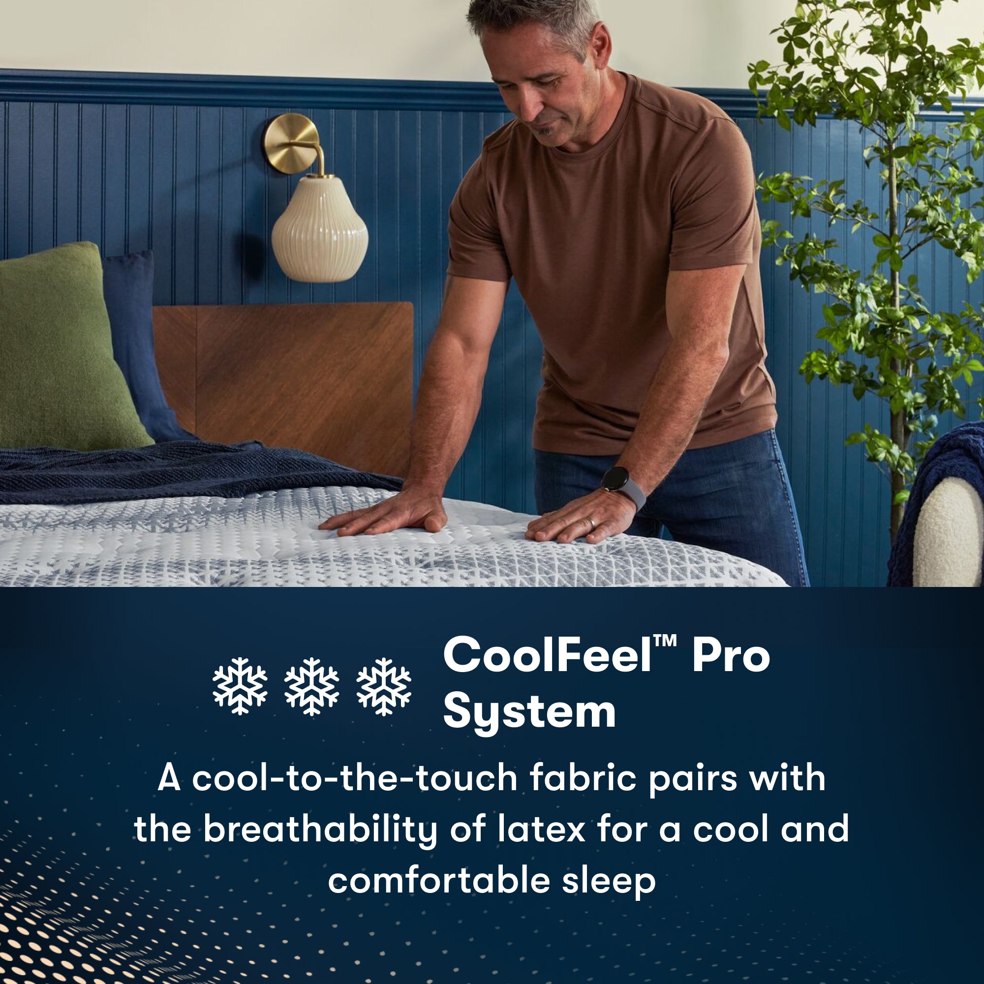 Man standing at the right of an iComfortPro Ambrose Firm Mattress feeling the comfort || feel: Firm || level: Level 2