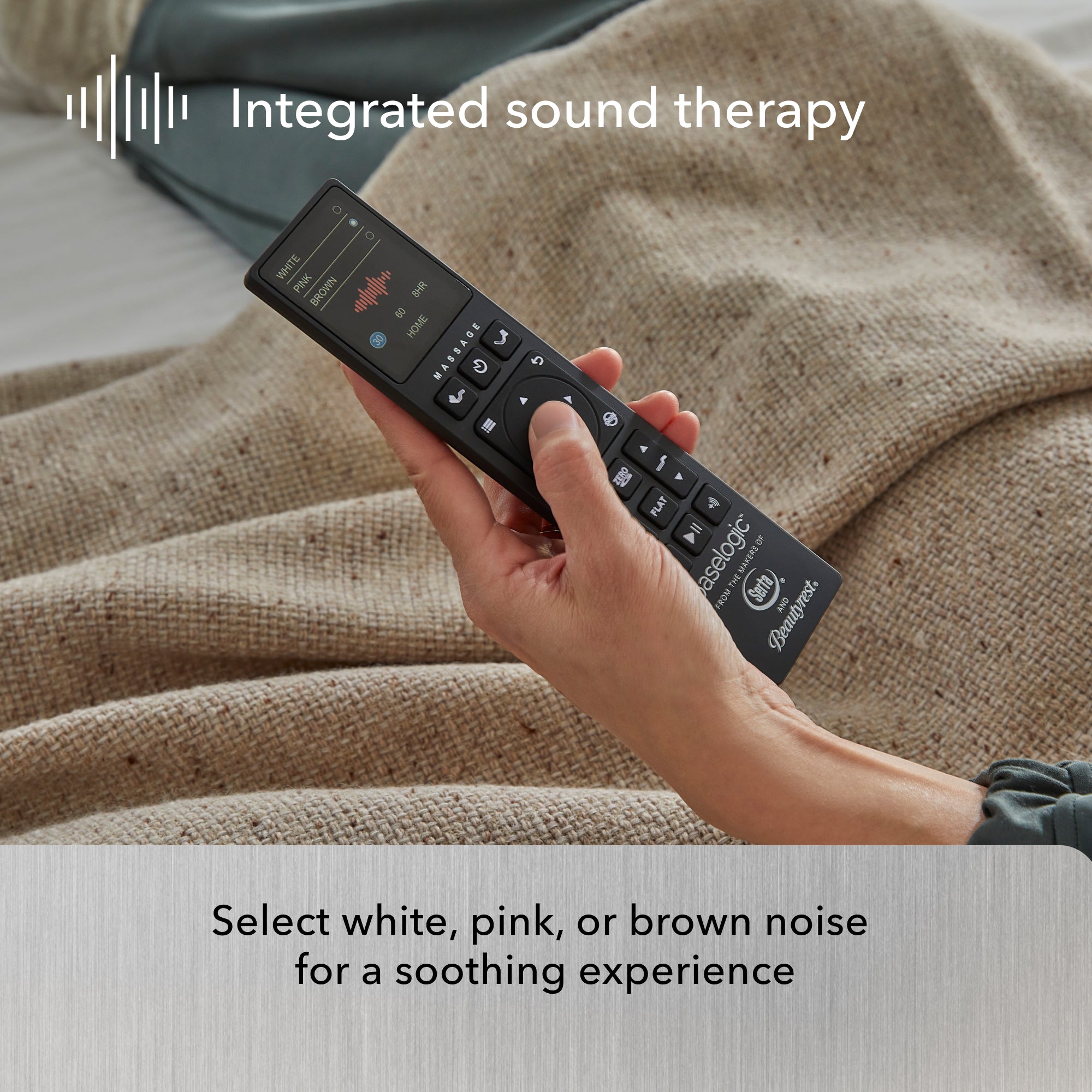 Baselogic has integrated sound therapy that allows you to select white, pink, or brown noise for a soothing experience