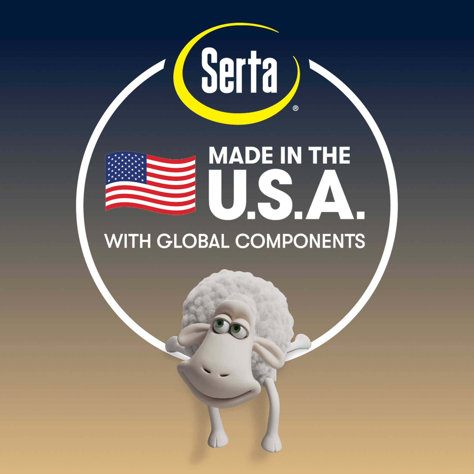 Serta logo with a sheep character and 'Made in the U.S.A.' text on a gradient background